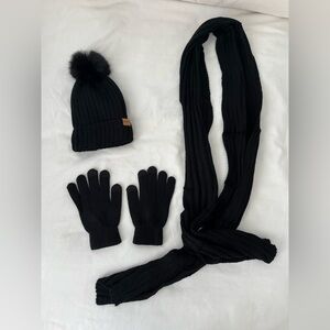 Black beanie, scarf, and gloves set